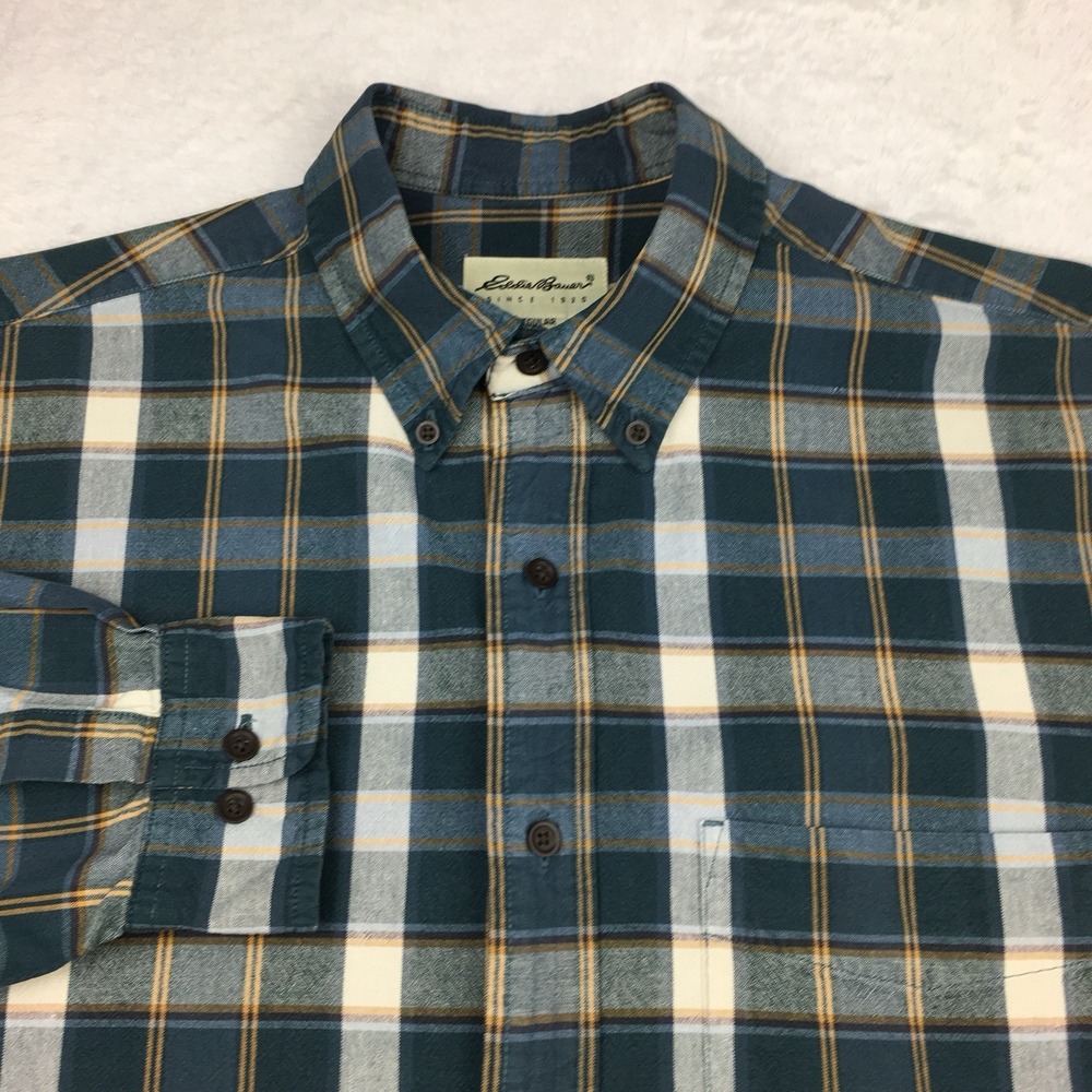 Eddie Bauer‎ Mens Shirt M Blue White Gold Check Long Sleeve Rugged Casual